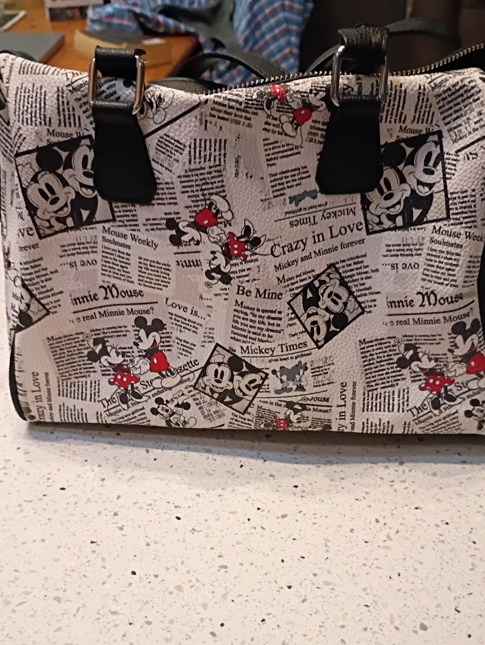 Disney Minnie & Mickey Newspaper Print Satchel – Black/White with Red Accents